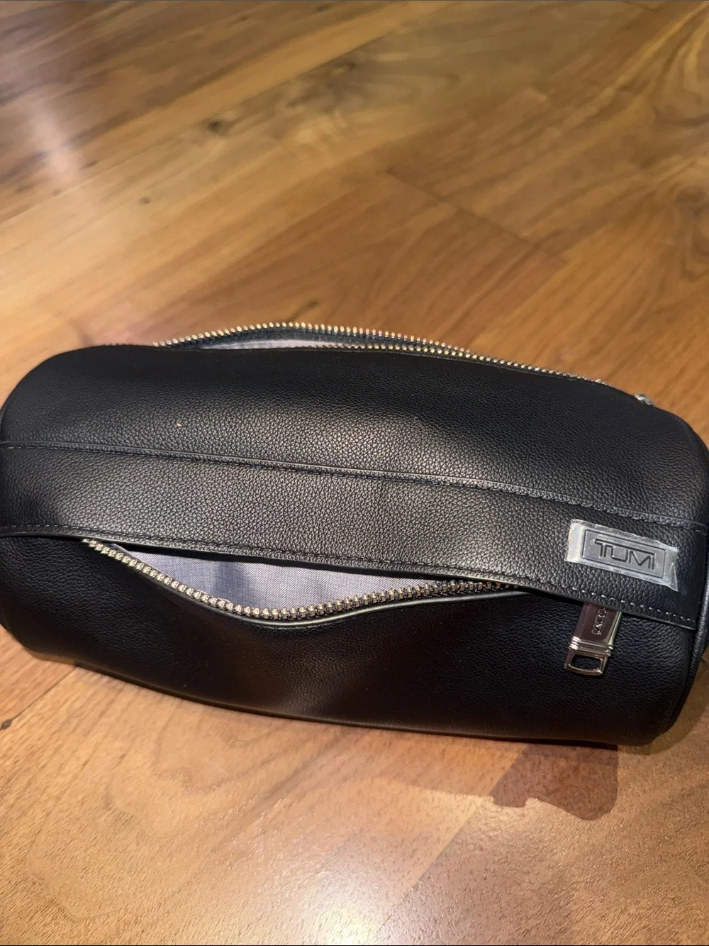 Tumi Black Leather Men's Toiletry Kit with Silver Hardware